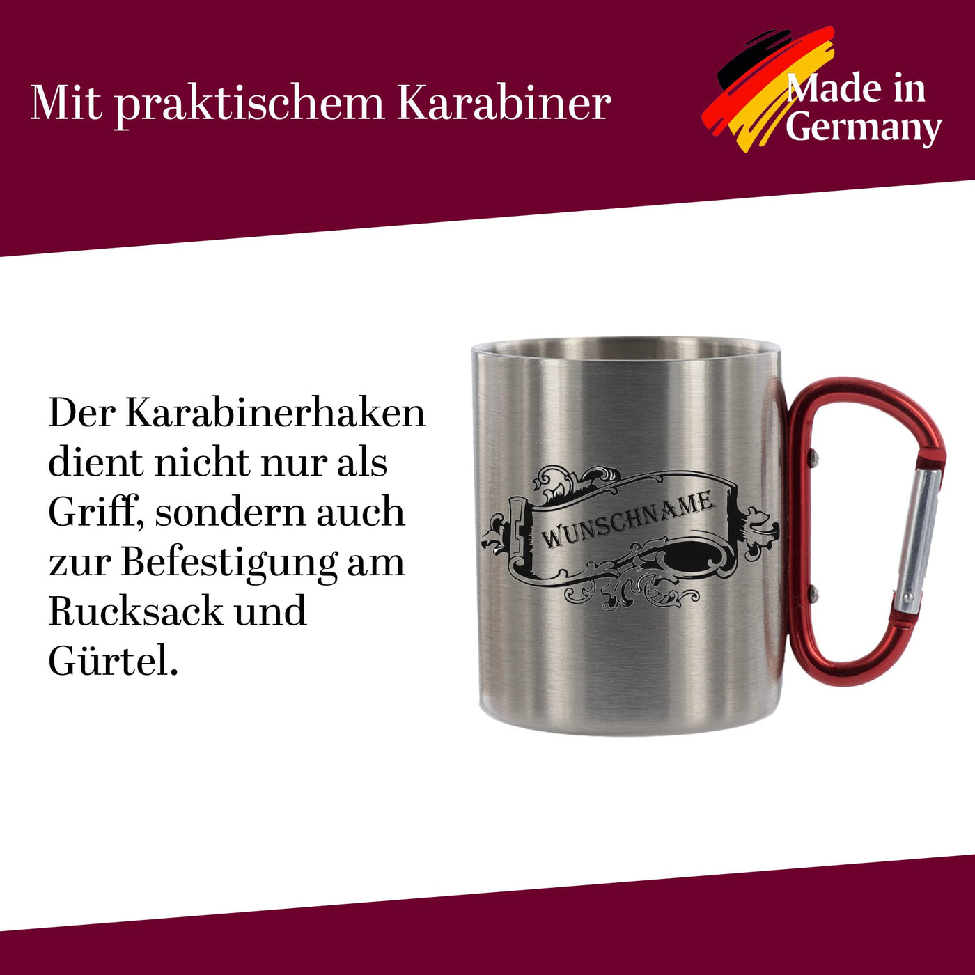 CreaLuxe Edelstahltasse mit Karabiner 'Wunschname' Tasse personalisiert, Kaffeetasse, Bürotasse, Metalltasse mit Name