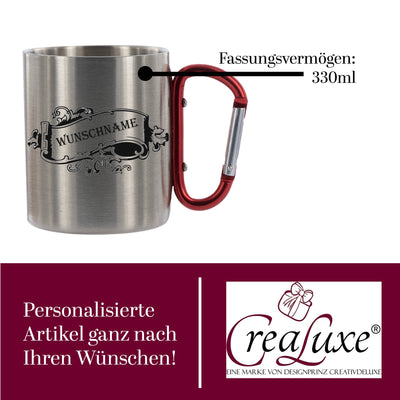 CreaLuxe Edelstahltasse mit Karabiner 'Wunschname' Tasse personalisiert, Kaffeetasse, Bürotasse, Metalltasse mit Name