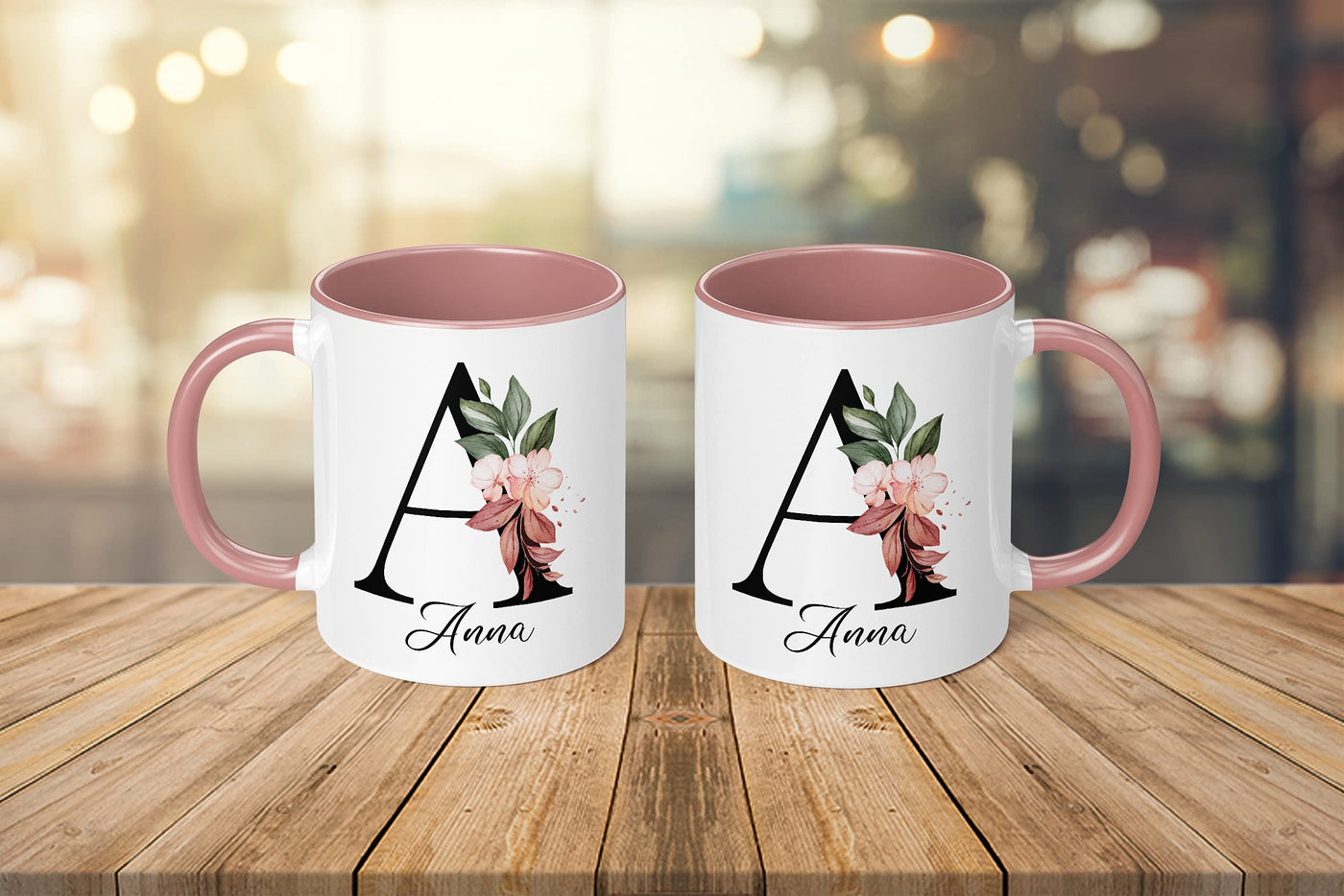 Personalisierte Tasse - Namens-Tasse mit Blumen Motiv - mit Ihrem Anfangsbuchstaben und Namen - personalisiert - Geburtstag - Kaffeetasse - beidseitig bedruckt - Geschenke für Frauen (Rosa)