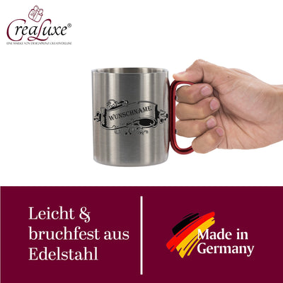 CreaLuxe Edelstahltasse mit Karabiner 'Wunschname' Tasse personalisiert, Kaffeetasse, Bürotasse, Metalltasse mit Name