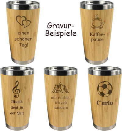 Kaffeebecher mit Namen + Motiv Gravur in Holz Optik, Isolierbecher groß 0,4 L für Coffee to go, Kaffee Edelstahlbecher mit Deckel zum Mitnehmen, personalisiertes Geschenk