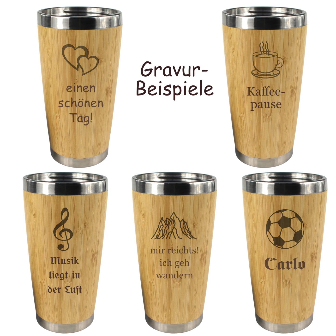 Kaffeebecher mit Namen + Motiv Gravur in Holz Optik, Isolierbecher groß 0,4 L für Coffee to go, Kaffee Edelstahlbecher mit Deckel zum Mitnehmen, personalisiertes Geschenk