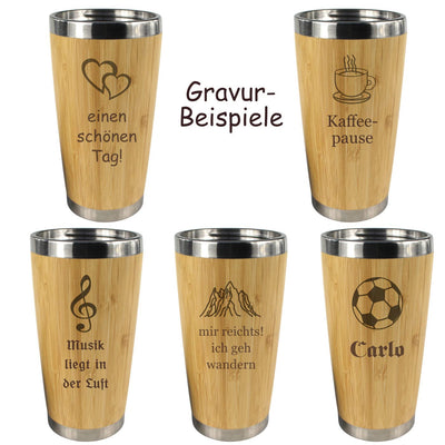 Kaffeebecher mit Namen + Motiv Gravur in Holz Optik, Isolierbecher groß 0,4 L für Coffee to go, Kaffee Edelstahlbecher mit Deckel zum Mitnehmen, personalisiertes Geschenk