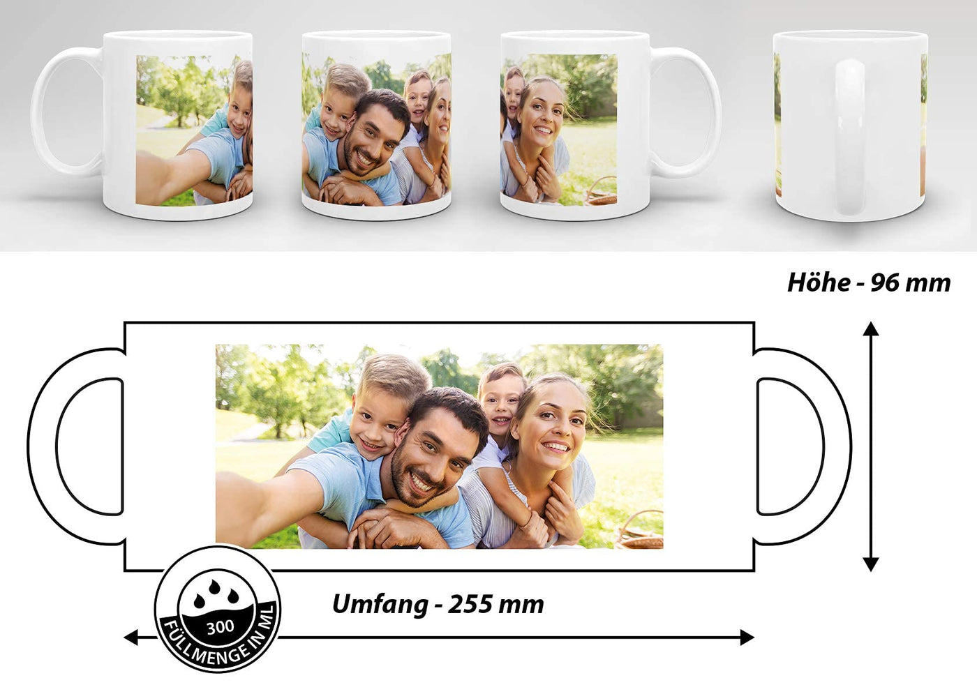 Tasse selbst individuell gestalten/Personalisierbar mit eigenem Foto Bedrucken/Fototasse/Motivtasse/Werbetasse/Firmentasse mit Logo/Weiss - Glanz