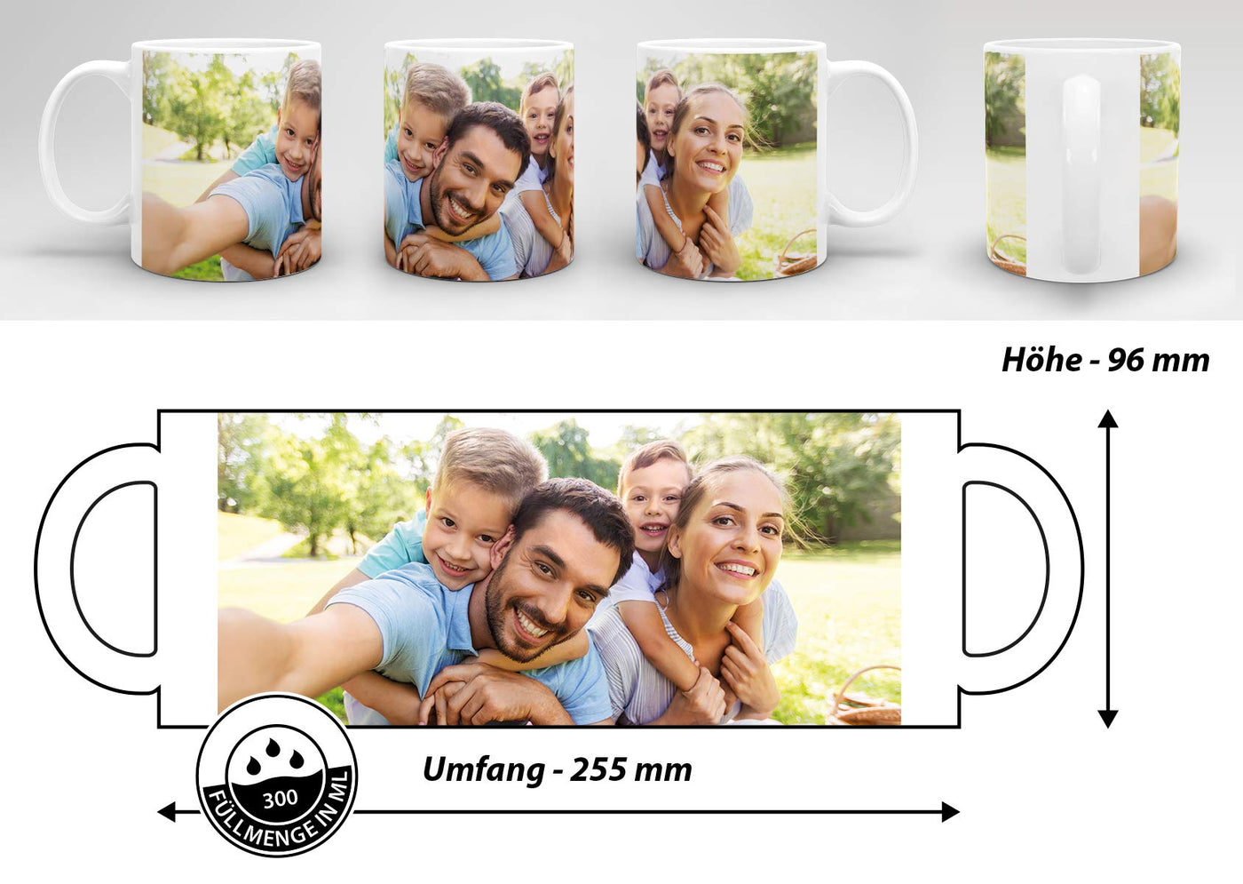 Tasse selbst individuell gestalten/Personalisierbar mit eigenem Foto bedrucken/Fototasse/Motivtasse/Werbetasse/Firmentasse mit Logo/Weiss - Glanz - XXL Druck