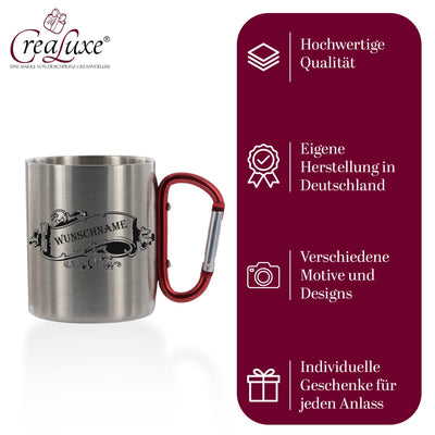 CreaLuxe Edelstahltasse mit Karabiner 'Wunschname' Tasse personalisiert, Kaffeetasse, Bürotasse, Metalltasse mit Name