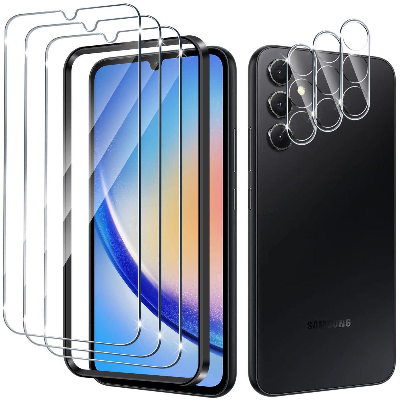 Liilaa Schutzfolie für Samsung Galaxy A34 5G, 3 Stück Panzer Schutz Glas Folie mit 3 Stück Kameraschutz, mit Positionierhilfe, 9H Panzerfolie Ultra-klar Schutzglas Displayfolie
