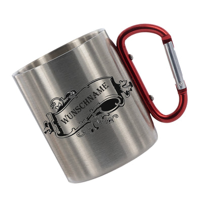 CreaLuxe Edelstahltasse mit Karabiner 'Wunschname' Tasse personalisiert, Kaffeetasse, Bürotasse, Metalltasse mit Name