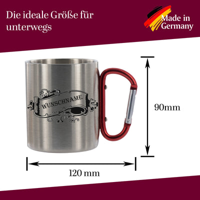 CreaLuxe Edelstahltasse mit Karabiner 'Wunschname' Tasse personalisiert, Kaffeetasse, Bürotasse, Metalltasse mit Name