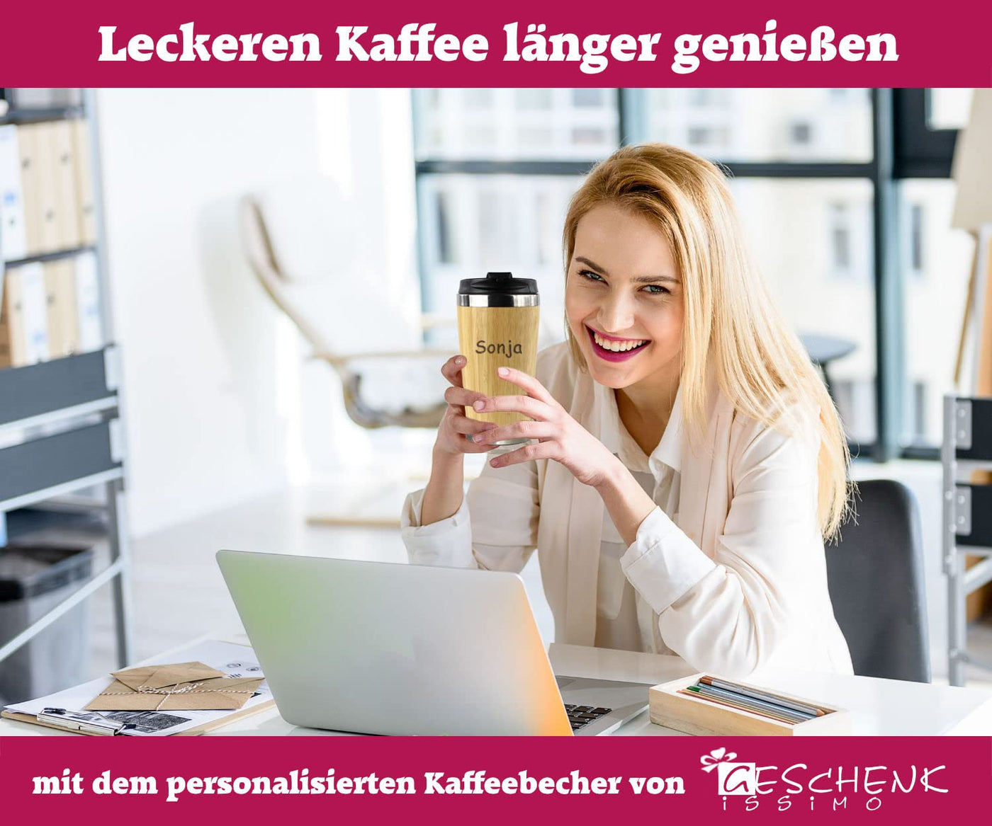 Kaffeebecher mit Namen + Motiv Gravur in Holz Optik, Isolierbecher groß 0,4 L für Coffee to go, Kaffee Edelstahlbecher mit Deckel zum Mitnehmen, personalisiertes Geschenk