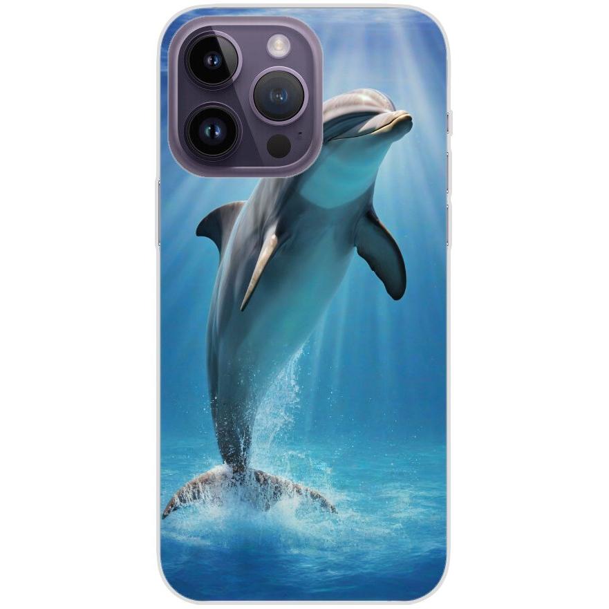 Handyhülle iPhone 14 Pro Max aus transparentem Silikon 39 einzelner Delfin - personalisierbar