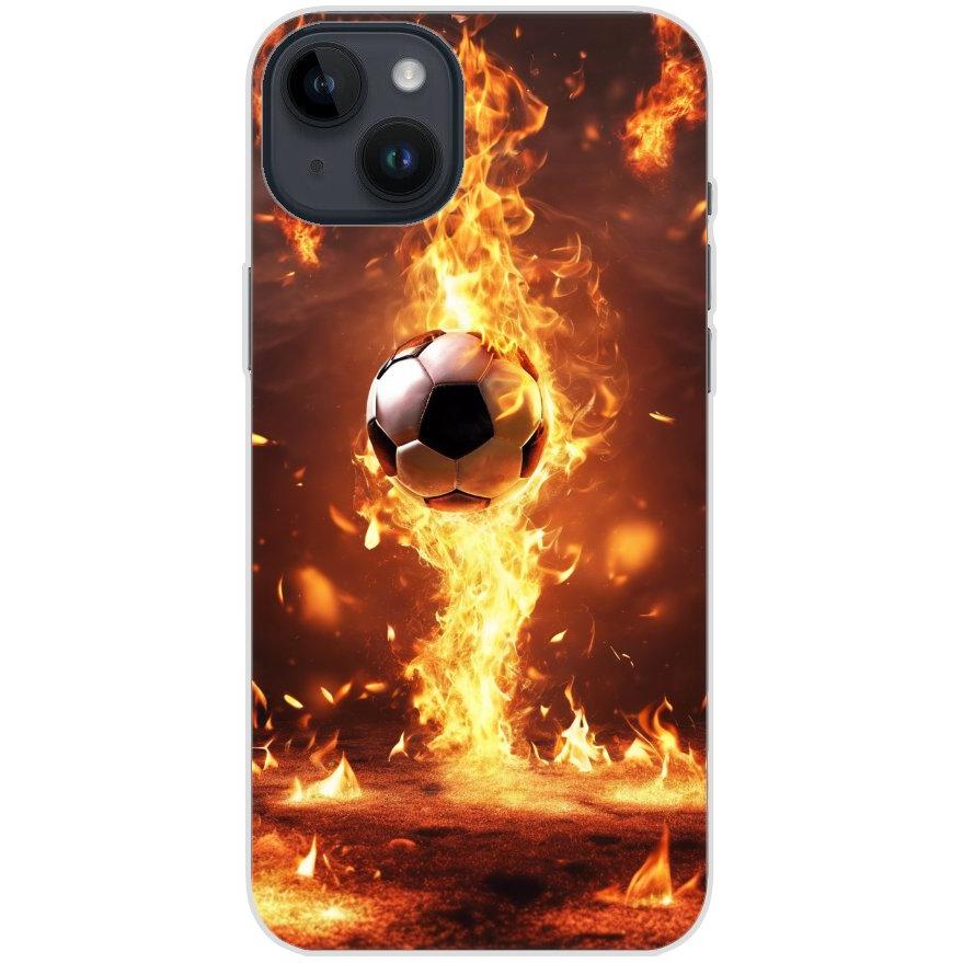 Handyhülle iPhone 14 Plus aus transparentem Silikon mit Motiv 37 Fußball in Feuer - personalisierbar