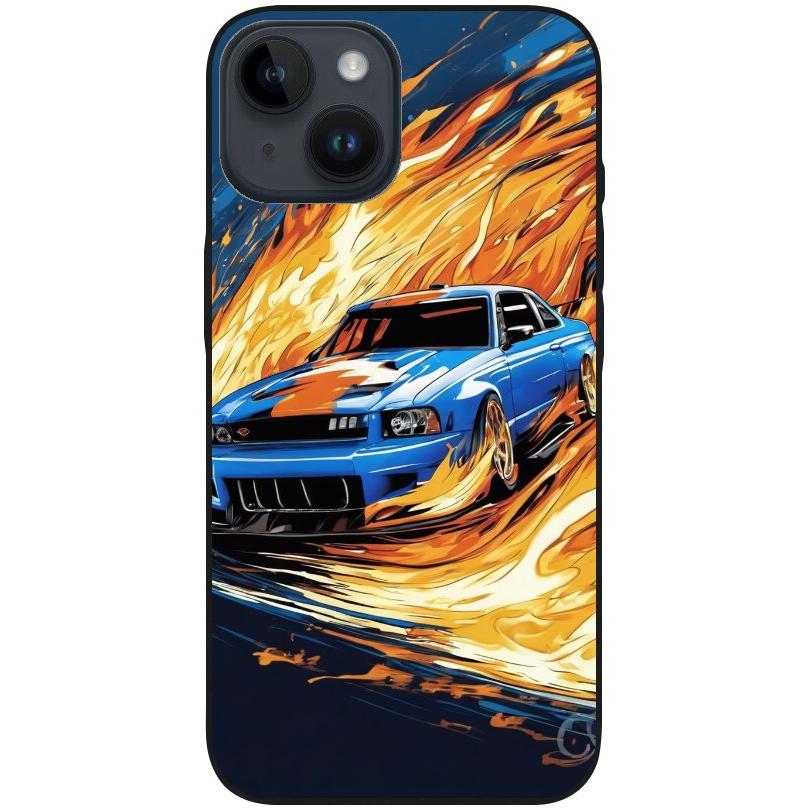 Hülle iPhone 14 - Silikonhülle schwarz mit Motiv 15 blaues Auto in Flammen - personalisierbar