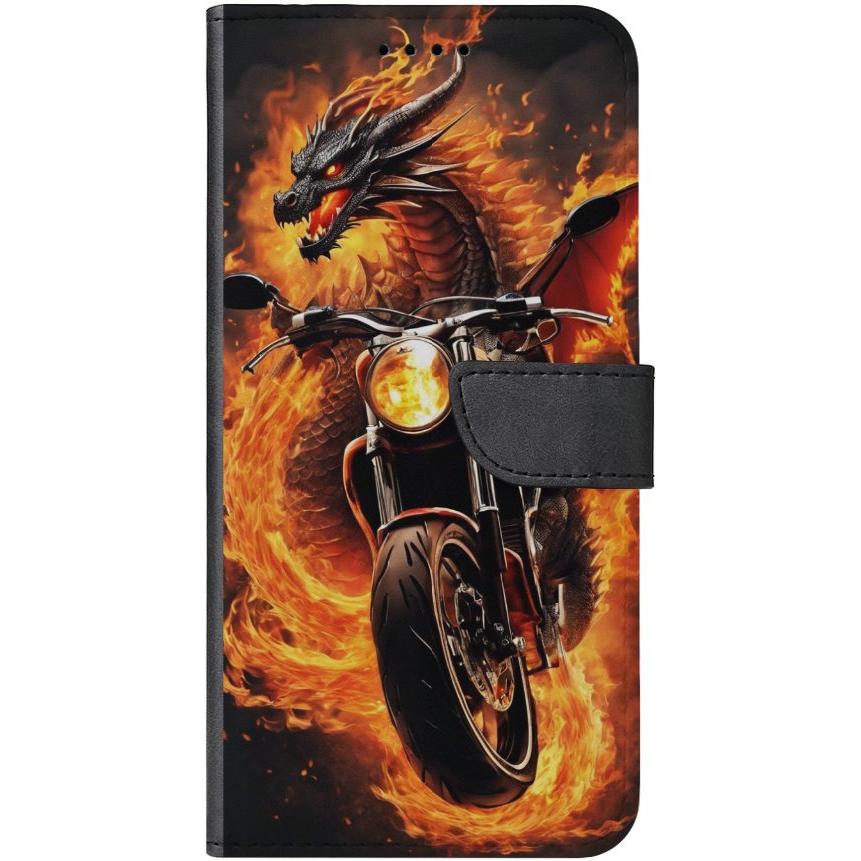 iPhone 13 Handyhülle aus Kunstleder mit Lasche Motiv 33 Feuerdrache auf Motorrad - personalisierbar
