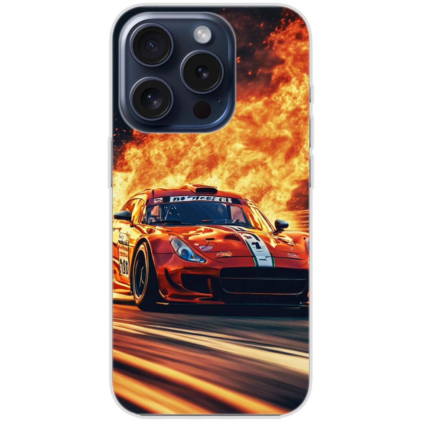 Handyhülle iPhone 15 Pro aus transparentem Silikon mit Motiv 28 roter Sportwagen in Flammen - personalisierbar