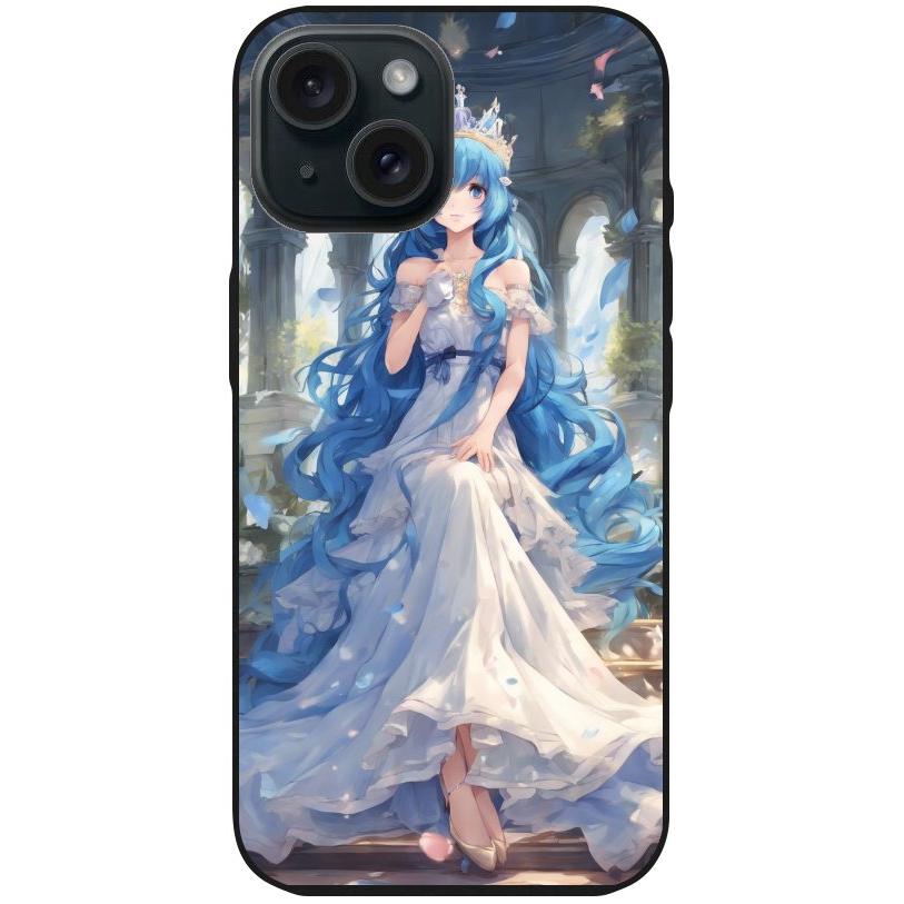 Handyhülle iPhone 15 - Silikonhülle schwarz mit Motiv 34 Anime blaue lange Haare - personalisierbar
