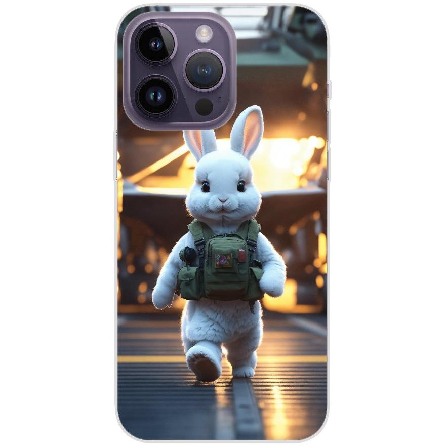 Handyhülle iPhone 14 Pro Max aus transparentem Silikon 18 weißer animierter Hase - personalisierbar