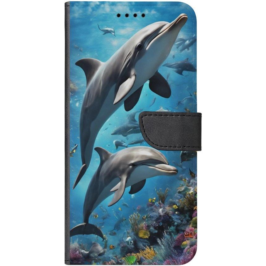 iPhone 14 Plus Handyhülle aus Kunstleder mit Lasche Motiv 40 Delfine - personalisierbar