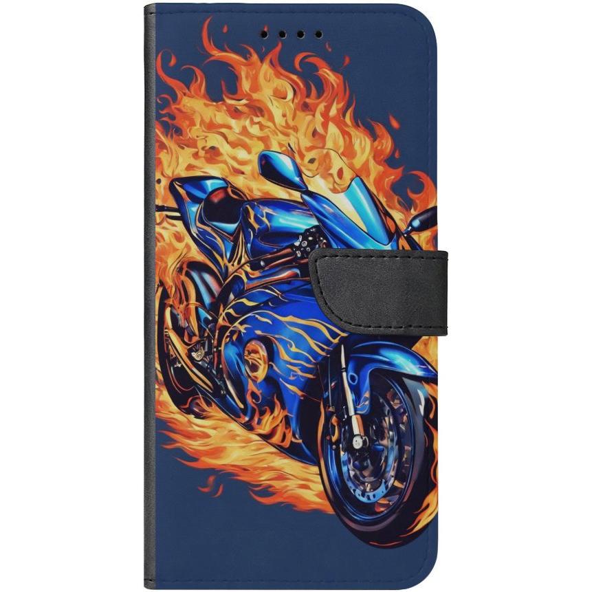 iPhone 15 Pro Handyhülle aus Kunstleder mit Lasche Motiv 2 Motorrad in Flammen - personalisierbar