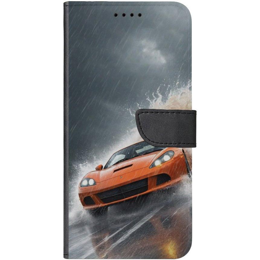 iPhone 15 Pro Max Handyhülle aus Kunstleder mit Lasche Motiv 4 oranger Sportwagen - personalisierbar