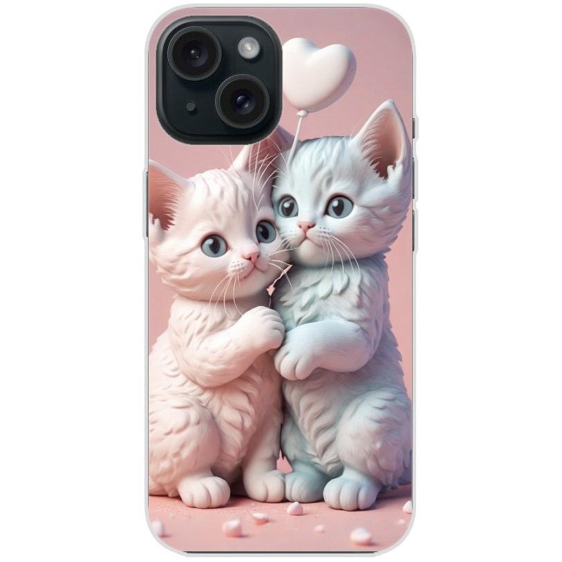 Handyhülle iPhone 15 aus transparentem Silikon mit Motiv 1 zwei Kätzchen mit Herzen rosa - personalisierbar