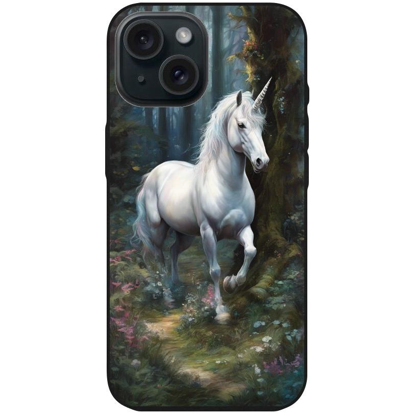 Handyhülle iPhone 15 - Silikonhülle schwarz mit Motiv 44 Einhorn weiß - personalisierbar