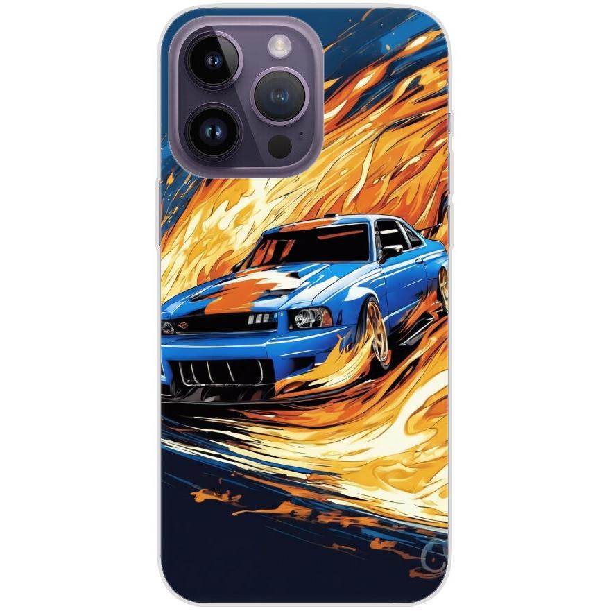 Handyhülle iPhone 14 Pro Max aus transparentem Silikon 15 blaues Auto in Flammen - personalisierbar