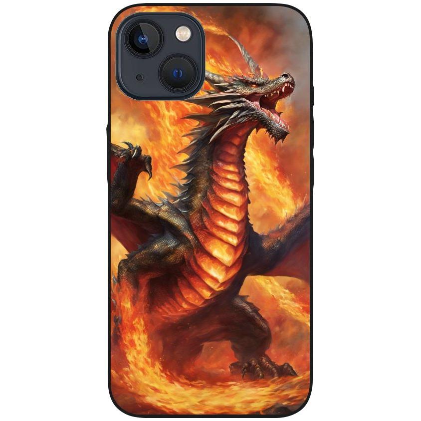 Hülle iPhone 13 - Silikonhülle schwarz mit Motiv 12 Drache in Flammen - personalisierbar