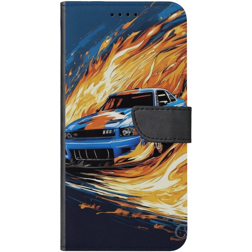iPhone 13 Handyhülle aus Kunstleder mit Lasche Motiv 15 blaues Auto in Flammen - personalisierbar