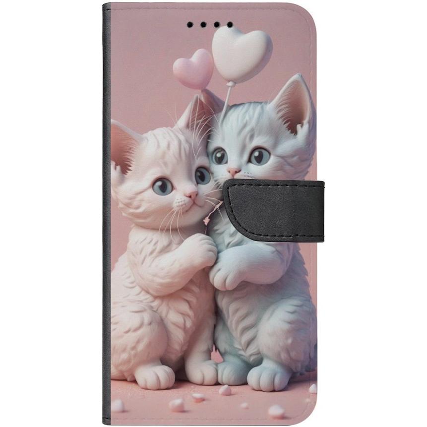iPhone 13 Handyhülle aus Kunstleder mit Lasche Motiv 1 zwei Kätzchen mit Herzen rosa - personalisierbar