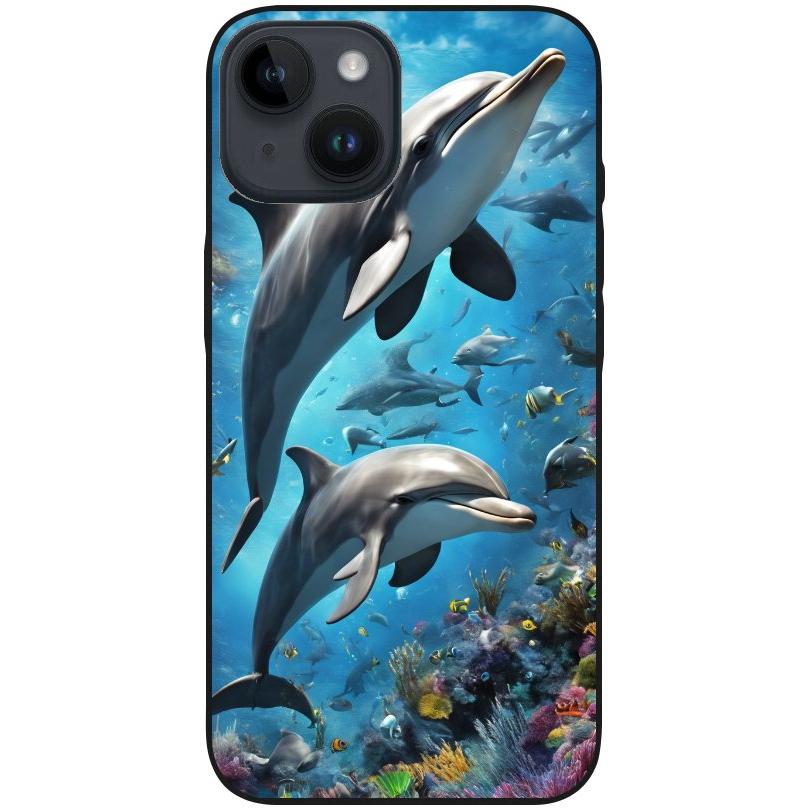 Hülle iPhone 14 - Silikonhülle schwarz mit Motiv 40 Delfine - personalisierbar