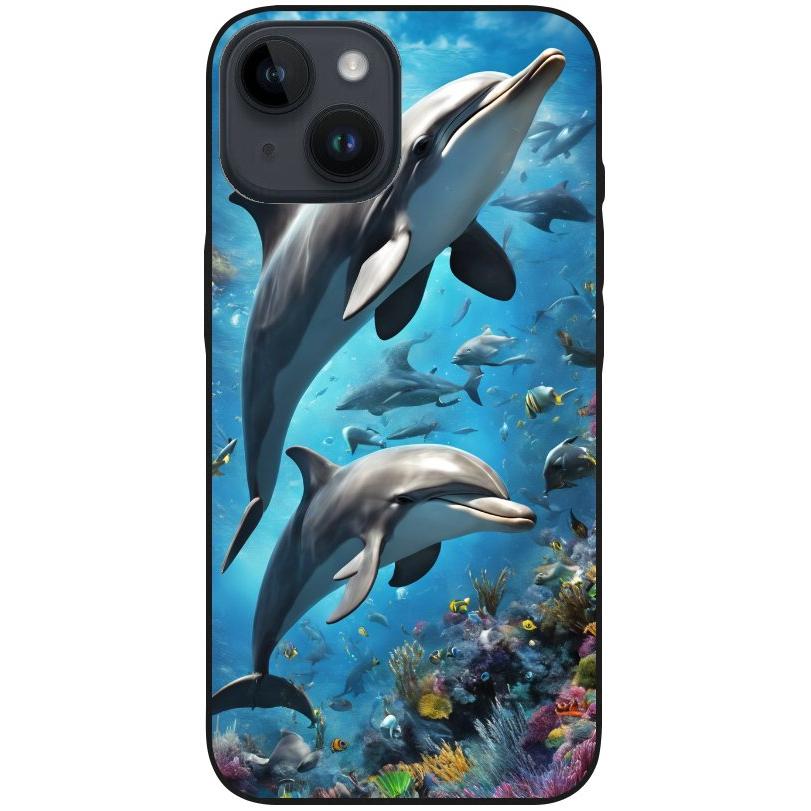 Hülle iPhone 14 - Silikonhülle schwarz mit Motiv 40 Delfine - personalisierbar
