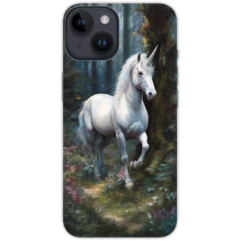 Handyhülle iPhone 14 aus transparentem Silikon mit Motiv 44 Einhorn weiß - personalisierbar