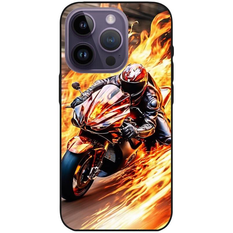 Hülle iPhone 14 Pro - Silikonhülle schwarz mit Motiv 14 Motorradfahrer in Flammen - personalisierbar