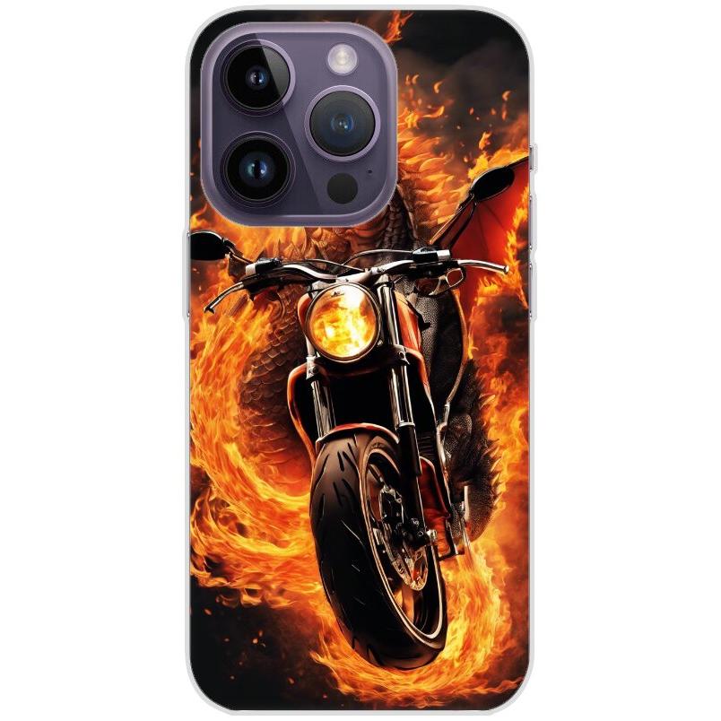 Handyhülle iPhone 14 Pro aus transparentem Silikon mit Motiv 33 Feuerdrache auf Motorrad - personalisierbar