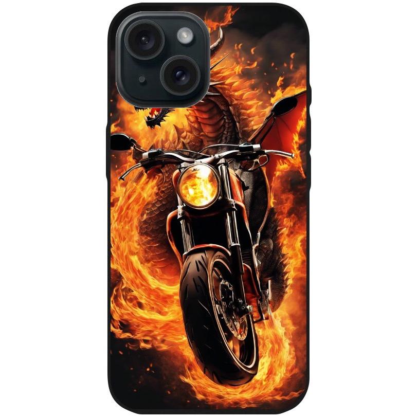 Handyhülle iPhone 15 - Silikonhülle schwarz mit Motiv 33 Feuerdrache auf Motorrad - personalisierbar