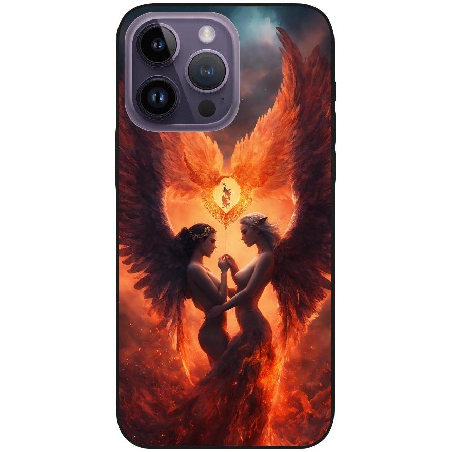 Hülle iPhone 14 Pro Max - Silikonhülle schwarz mit Motiv 23 Feuerengel - personalisierbar