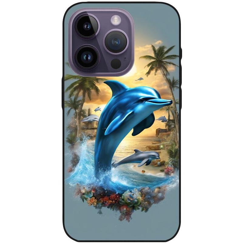 Hülle iPhone 14 Pro - Silikonhülle schwarz mit Motiv 41 Delfin und Palmen - personalisierbar