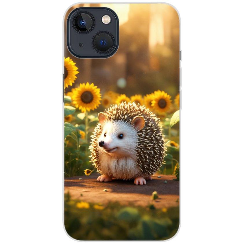 Handyhülle iPhone 13 aus transparentem Silikon mit Motiv 20 süßer Igel Sonnenblumen - personalisierbar