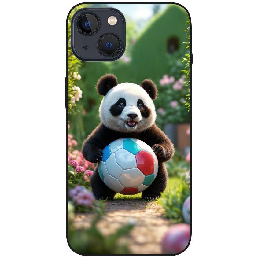 Hülle iPhone 13 - Silikonhülle schwarz mit Motiv 49 Panda animiert mit Bällen - personalisierbar