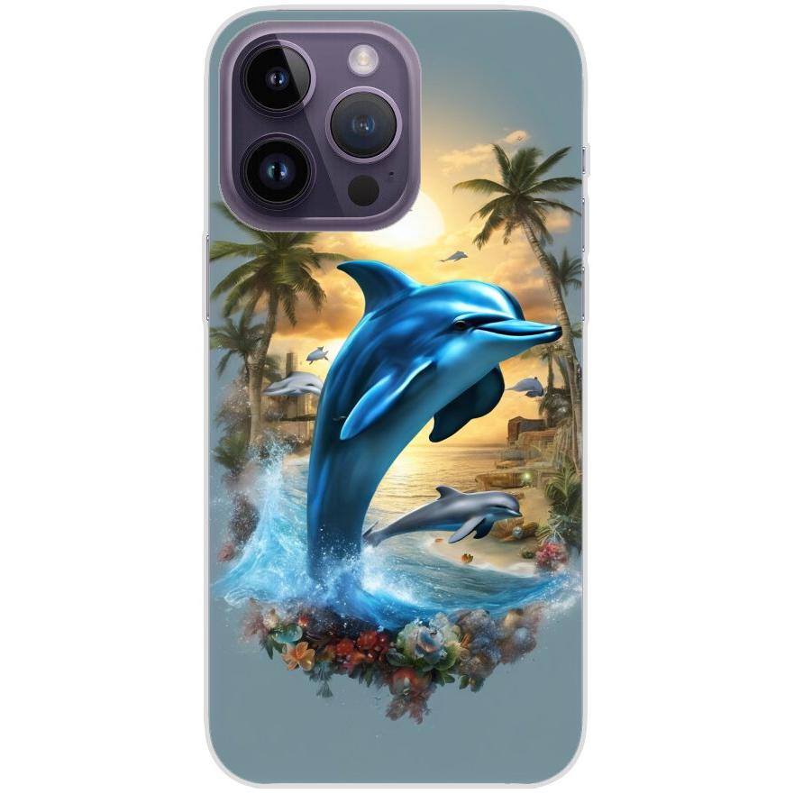 Handyhülle iPhone 14 Pro Max aus transparentem Silikon 41 Delfin und Palmen - personalisierbar