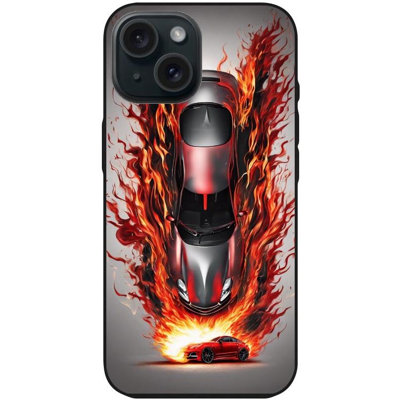 Handyhülle iPhone 15 - Silikonhülle schwarz mit Motiv 27 Auto animiert in Flammen - personalisierbar