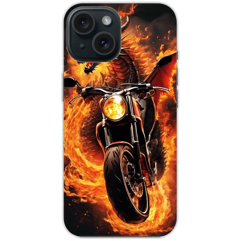 Handyhülle iPhone 15 aus transparentem Silikon mit Motiv 33 Feuerdrache auf Motorrad - personalisierbar