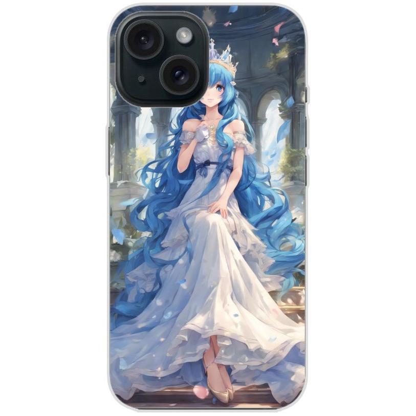 Handyhülle iPhone 15 aus transparentem Silikon mit Motiv 34 Anime blaue lange Haare - personalisierbar