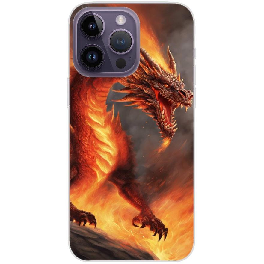Handyhülle iPhone 14 Pro Max aus transparentem Silikon 5 Drache in Flammen - personalisierbar