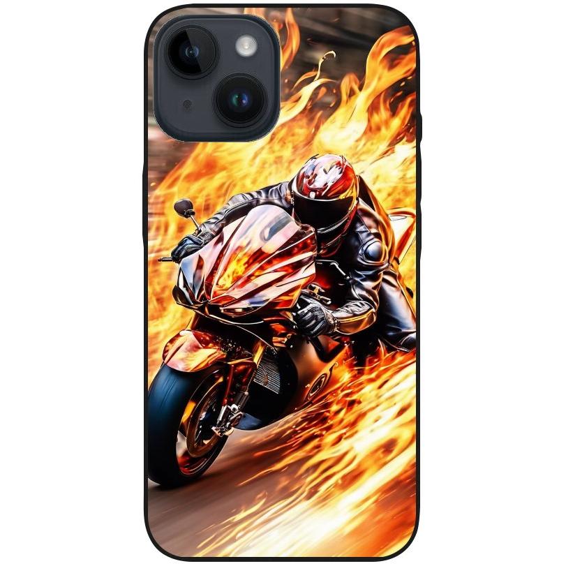 Hülle iPhone 14 - Silikonhülle schwarz mit Motiv 14 Motorradfahrer in Flammen - personalisierbar