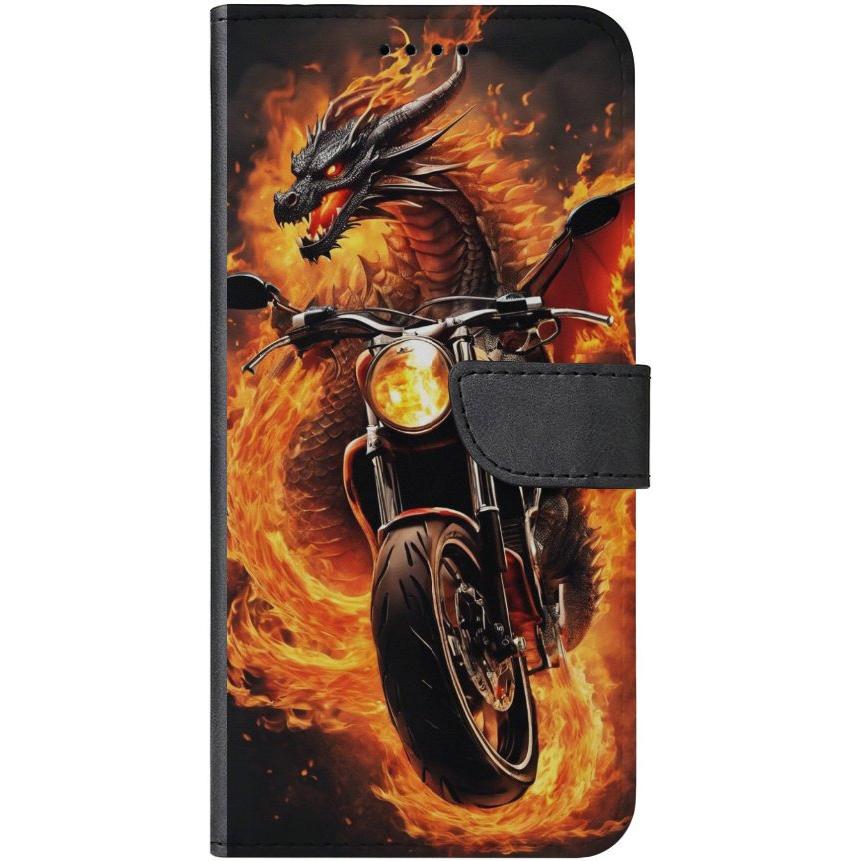 iPhone 15 Pro Max Handyhülle aus Kunstleder mit Lasche Motiv 33 Feuerdrache auf Motorrad - personalisierbar