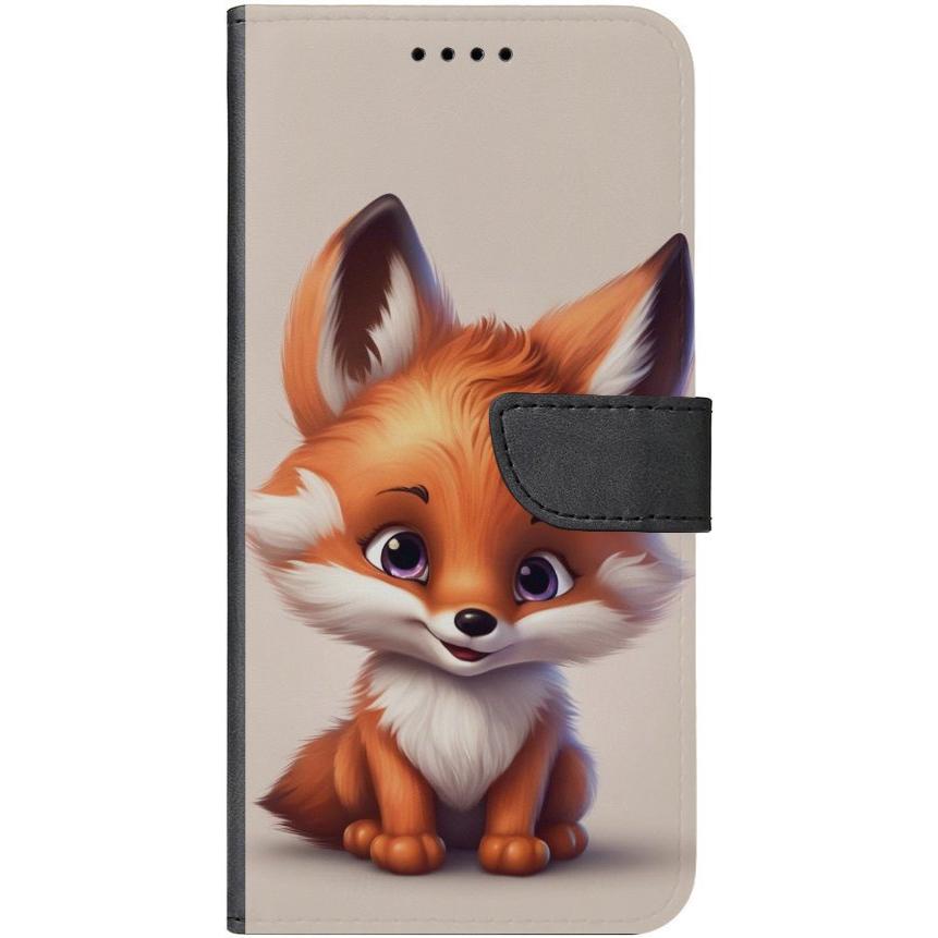 iPhone 15 Handyhülle aus Kunstleder mit Lasche Motiv 11 Baby Fuchs animiert - personalisierbar