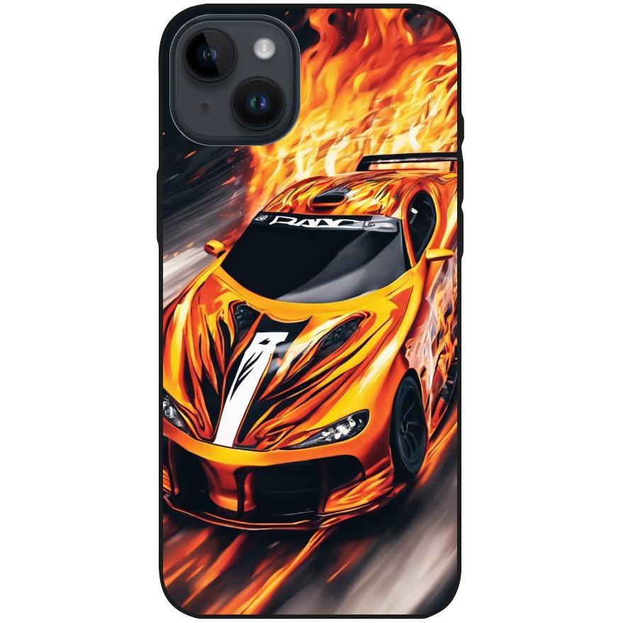 Hülle iPhone 14 Plus - Silikonhülle schwarz mit Motiv 47 Sportwagen in Flammen - personalisierbar