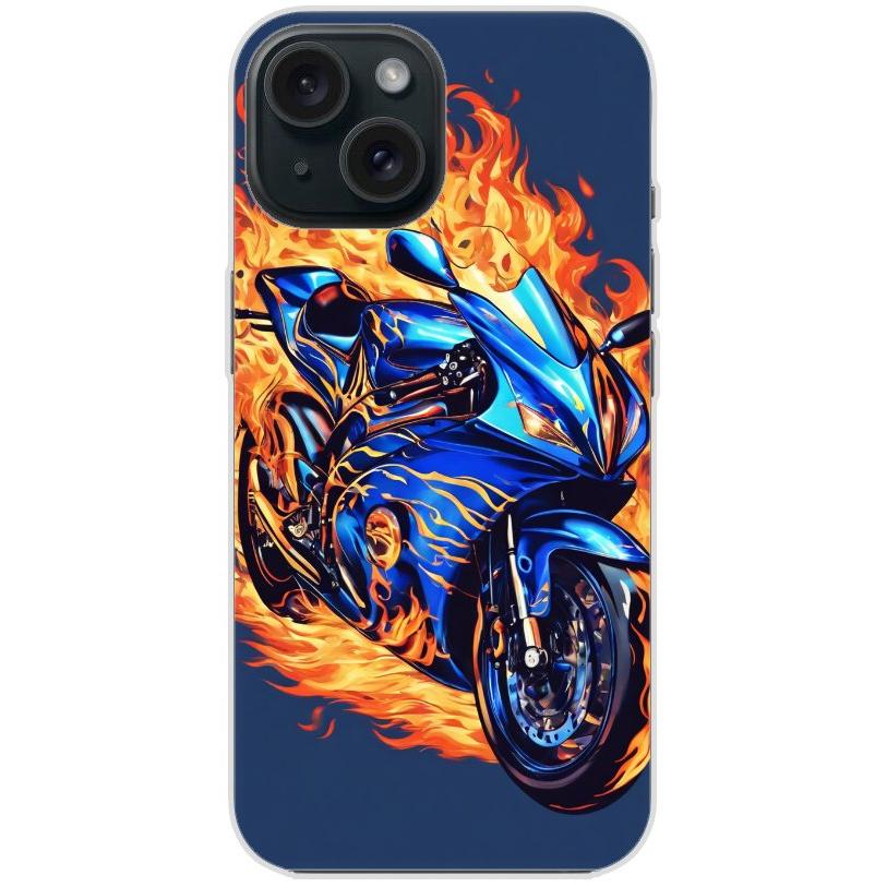 Handyhülle iPhone 15 aus transparentem Silikon mit Motiv 2 Motorrad in Flammen - personalisierbar